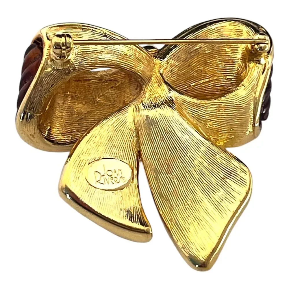 Vintage 1990s Joan Rivers Ribbon Bow Brooch Gold Tone Enamel Crystal - 8L